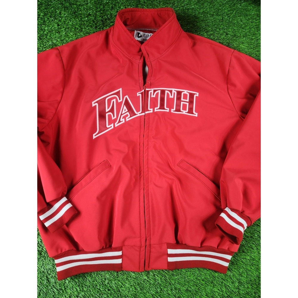 DeLong Jacket Mens XL Red Nylon Varsity Full Zip Faith‎ Bomber Fleece Lined